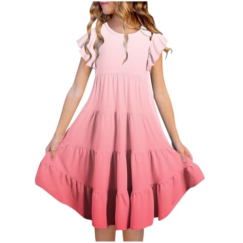 Kleider für Mädchen Einfarbig/Farbverlauf Sommerkleid Rüschenärmel Kleid Sommer Mädchenkleider A-Linie Freizeitkleid Kurzarm Kinderkleider Knielange Strandkleid, Wassermelonenrot, 160, 14-15 Jahre von NZYIHAO
