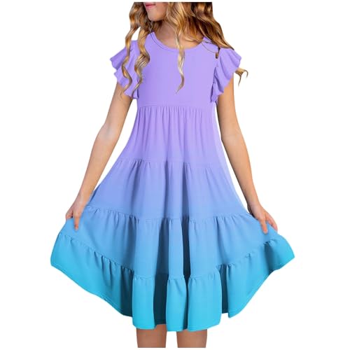 Kleider für Mädchen Einfarbig/Farbverlauf Sommerkleid Rüschenärmel Kleid Sommer Mädchenkleider A-Linie Freizeitkleid Kurzarm Kinderkleider Knielange Strandkleid Partykleid, Blau, 150, 12-13 Jahre von NZYIHAO