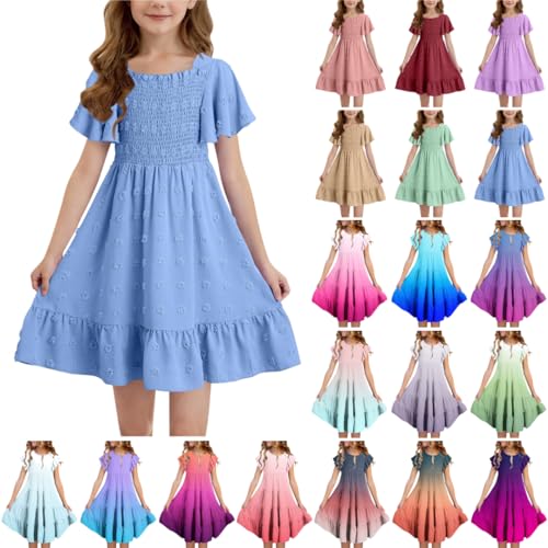 Kleider für Mädchen Einfarbig/Farbverlauf Sommerkleid Rüschenärmel Kleid Sommer Mädchenkleider A-Linie Freizeitkleid Kurzarm Kinderkleider Knielange Strandkleid Partykleid, Blau, 170, 13-14 Jahre von NZYIHAO