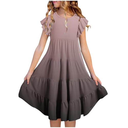 Kleider für Mädchen Einfarbig/Farbverlauf Sommerkleid Rüschenärmel Kleid Sommer Mädchenkleider A-Linie Freizeitkleid Kurzarm Kinderkleider Knielange Strandkleid Partykleid, Grau, 150, 12-13 Jahre von NZYIHAO