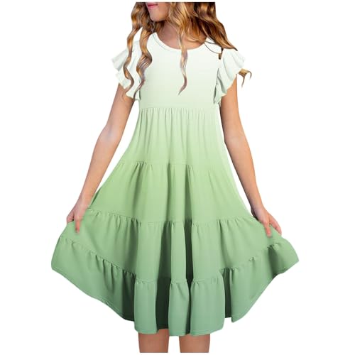 Kleider für Mädchen Einfarbig/Farbverlauf Sommerkleid Rüschenärmel Kleid Sommer Mädchenkleider A-Linie Freizeitkleid Kurzarm Kinderkleider Knielange Strandkleid Partykleid, Grün, 150, 12-13 Jahre von NZYIHAO