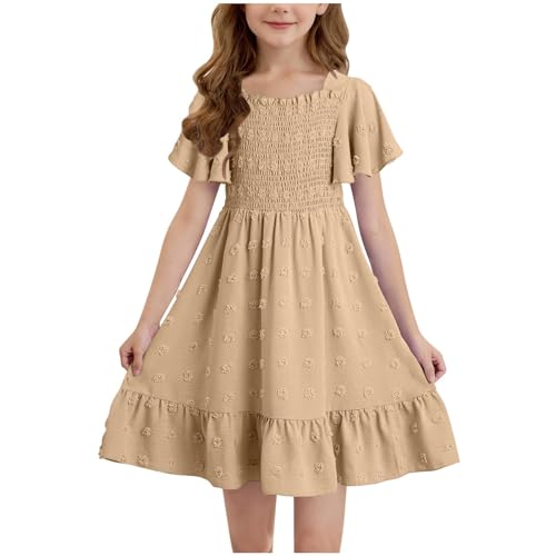 Kleider für Mädchen Einfarbig/Farbverlauf Sommerkleid Rüschenärmel Kleid Sommer Mädchenkleider A-Linie Freizeitkleid Kurzarm Kinderkleider Knielange Strandkleid Partykleid, Khaki, 160, 12-13 Jahre von NZYIHAO