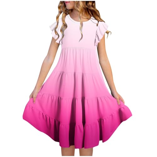 Kleider für Mädchen Einfarbig/Farbverlauf Sommerkleid Rüschenärmel Kleid Sommer Mädchenkleider A-Linie Freizeitkleid Kurzarm Kinderkleider Knielange Strandkleid Partykleid, Rosa, 130, 8-9 Jahre von NZYIHAO