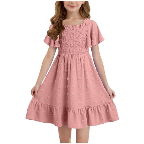 Kleider für Mädchen Einfarbig/Farbverlauf Sommerkleid Rüschenärmel Kleid Sommer Mädchenkleider A-Linie Freizeitkleid Kurzarm Kinderkleider Knielange Strandkleid Partykleid, Rosa, 150, 10-11 Jahre von NZYIHAO