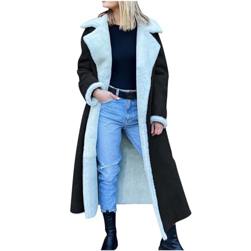 Kunstfell Jacke Damen Modische Einfarbig Winterjacke Kunstpelz Trenchcoat Lange Strickjacke Warme Pelzmantel Langarm Revers Felljacke Gefütterter Wintermantel Fellmantel Pelzjacke Mantel mit Taschen von NZYIHAO