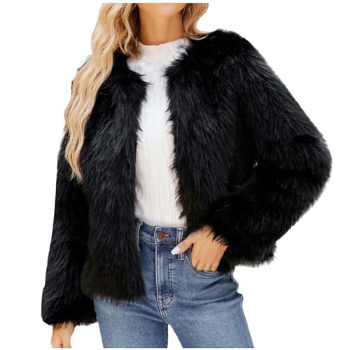 Kunstfell Jacke Damen Modische Einfarbig Winterjacke Kurze Übergangsjacke Kunstpelz Wintermantel Warme Pelzmantel Winter Felljacke Große Größen Fellmantel Langarm Pelzjacke Locker Mantel Streetwear von NZYIHAO