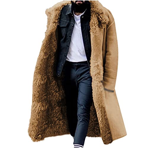 Kunstfell Jacke Herren Dicke Warm Winterjacke Lang Kunstpelz Mantel Mode Einfarbig Strickjacke Gefüttert Fleece Wintermantel Langarm Revers Pelzmantel Felljacke mit Taschen Pelzjacke Fellmantel 5XL von NZYIHAO