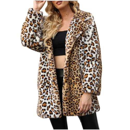 Kunstfell Winterjacke Damen Modische Leoparden Jacke Kunstpelz Übergangsjacke Warme Wintermantel Lange Pelzmantel Große Größen Fellmantel Winter Felljacke Langarm Revers Pelzjacke Mantel Streetwear von NZYIHAO