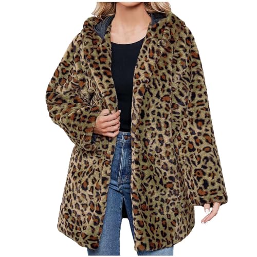 Kunstpelz Mantel Damen Leopard Druck Winterjacke Mode Kunstfell Jacke Langarm Winter Übergangsjacke Große Größen Pelzmantel Dicke Warme Wintermantel Pelzjacke mit Kapuze Felljacke Fellmantel Outwear von NZYIHAO