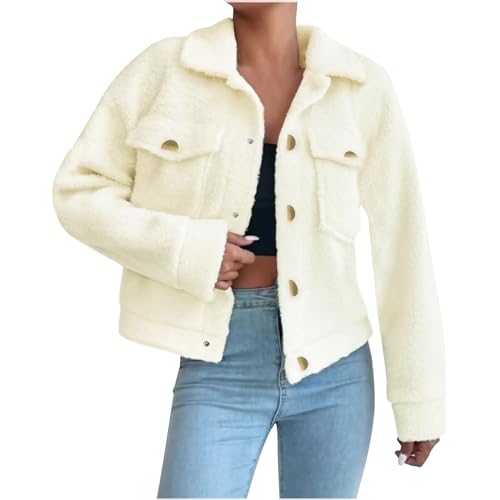 Kurze Fleecejacke Damen Mode Einfarbig Winterjacke Langarm Revers Jacke Einreihige Strickjacke Winter Übergangsjacke Lamm Kaschmir Plüschjacke Warme Wintermantel Locker Mantel mit Taschen Outwear von NZYIHAO