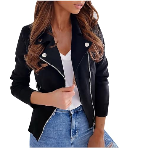 Kurze Wildlederjacke Damen Modische Einfarbig Jacke Langarm Reverskragen Herbstjacke Zip Up Übergangsjacke Bomberjacke Herbst Winter Bikerjacke Leichte Streetwear Schlanke Mantel mit Taschen Outwear von NZYIHAO