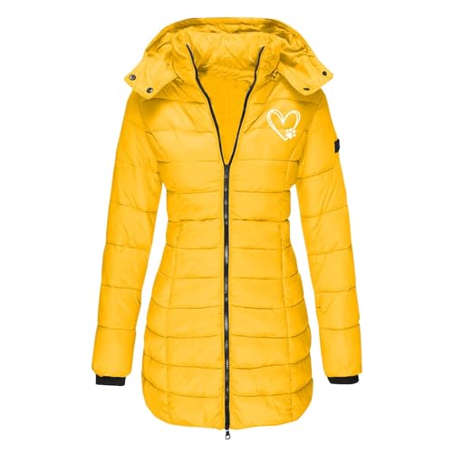 Lang Steppmantel Damen Liebe Herz Drucken Winterjacke Langarm Jacke mit Kapuze Dicke Warme Wintermantel Reißverschluss Steppjacke Schlanke Mantel Winter Kapuzenjacke Taschen Outdoorjacke Wanderjacke von NZYIHAO