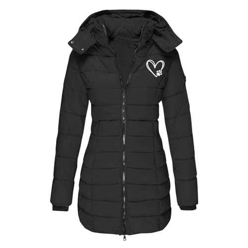 Lang Steppmantel Damen Liebe Herz Drucken Winterjacke Langarm Jacke mit Kapuze Dicke Warme Wintermantel Reißverschluss Steppjacke Schlanke Mantel Winter Kapuzenjacke Taschen Outdoorjacke Wanderjacke von NZYIHAO