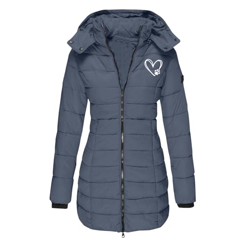 Lang Steppmantel Damen Liebe Herz Drucken Winterjacke Langarm Jacke mit Kapuze Dicke Warme Wintermantel Reißverschluss Steppjacke Schlanke Mantel Winter Kapuzenjacke Taschen Outdoorjacke Wanderjacke von NZYIHAO