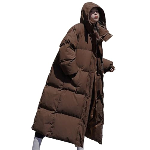 Lange Daunenjacke Damen Modische Einfarbig Steppjacke Warme Winterjacke mit Kapuze Langarm Stehkragen Jacke Große Größen Wintermantel Locker Daunenmantel Zip Up Steppmantel Taschen Mantel Kapuzenjacke von NZYIHAO