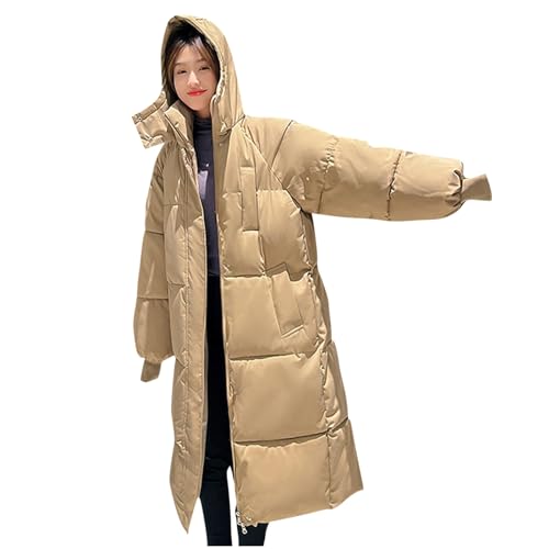 Lange Daunenjacke Damen Modische Einfarbig Steppjacke Warme Winterjacke mit Kapuze Langarm Stehkragen Jacke Große Größen Wintermantel Locker Daunenmantel Zip Up Steppmantel Taschen Mantel Kapuzenjacke von NZYIHAO