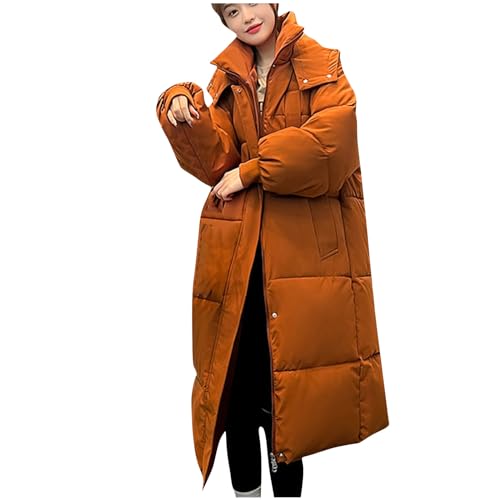 Lange Daunenjacke Damen Modische Einfarbig Steppjacke Warme Winterjacke mit Kapuze Langarm Stehkragen Jacke Große Größen Wintermantel Locker Daunenmantel Zip Up Steppmantel Taschen Mantel Kapuzenjacke von NZYIHAO