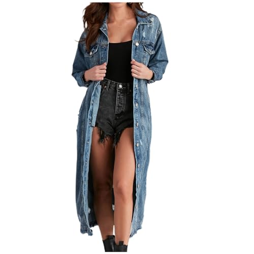 Lange Jeansjacke Damen Vintage Einfarbig Denim Jacke Große Größen Jeansmantel Jeans Trenchcoat Langarm Revers Übergangsjacke Einreihige Windjacke Locker Herbstjacke Herbst Winter Mantel mit Taschen von NZYIHAO