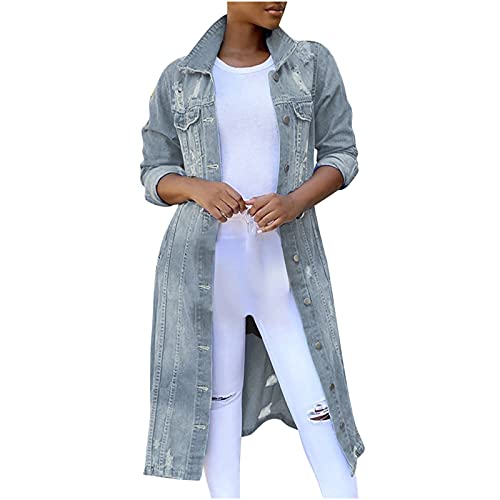 Lange Jeansjacke Damen Vintage Einfarbig Denim Jacke Große Größen Jeansmantel Jeans Trenchcoat Langarm Revers Übergangsjacke Einreihige Windjacke Locker Herbstjacke Herbst Winter Mantel mit Taschen von NZYIHAO