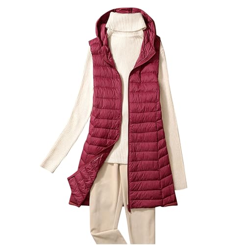 Lange Steppweste Damen Ärmellos Weste mit Kapuze Einfarbig Winterjacke Leichte Jacke Große Größen Wintermantel Reißverschluss Steppjacke Locker Longweste Dünne Steppmantel Kapuzenjacke Taschen Mantel von NZYIHAO