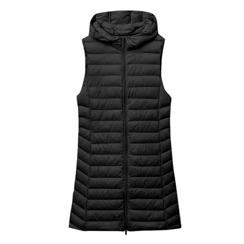 Lange Steppweste Damen Ärmellos Weste mit Kapuze Einfarbig Winterjacke Leichte Jacke Große Größen Wintermantel Reißverschluss Steppjacke Locker Longweste Dünne Steppmantel Kapuzenjacke Taschen Mantel von NZYIHAO