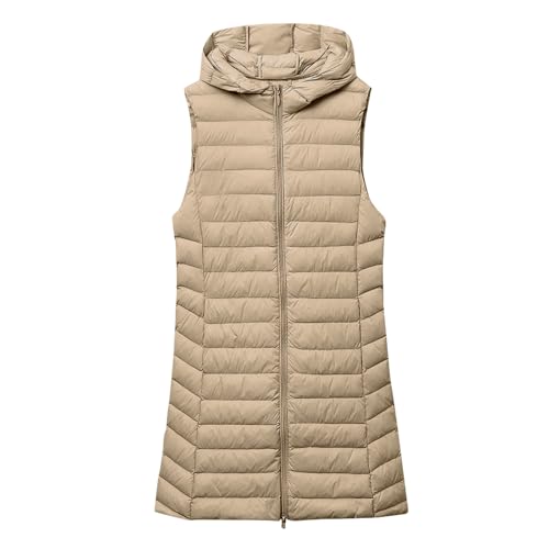 Lange Steppweste Damen Ärmellos Weste mit Kapuze Einfarbig Winterjacke Leichte Jacke Große Größen Wintermantel Reißverschluss Steppjacke Locker Longweste Dünne Steppmantel Kapuzenjacke Taschen Mantel von NZYIHAO