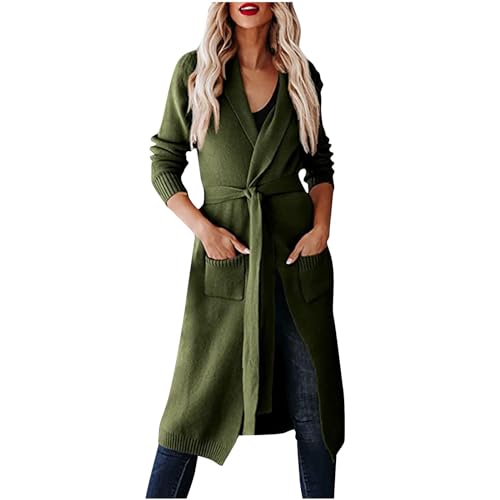 Lange Strickjacke Damen Elegant Einfarbig Cardigan Große Größen Jacke Langarm Übergangsjacke Strickmantel mit Verstellbarer Gürtel Schlanke Herbstjacke Taschen Mantel Strickcardigan Oberbekleidung von NZYIHAO