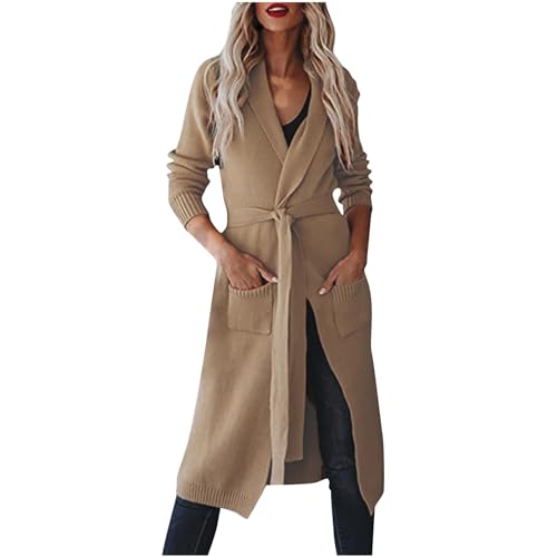 Lange Strickjacke Damen Elegant Einfarbig Cardigan Große Größen Jacke Langarm Übergangsjacke Strickmantel mit Verstellbarer Gürtel Schlanke Herbstjacke Taschen Mantel Strickcardigan Oberbekleidung von NZYIHAO