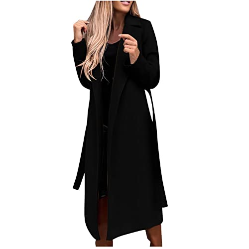 Lange Trenchcoat Damen Elegant Einfarbig Wollmantel Langarm Revers Winterjacke Schlanke Jacke Windbreaker mit Gürtel Herbst Winter Übergangsjacke Schlitz Wintermantel Warme Wolljacke Mantel Windjacke von NZYIHAO