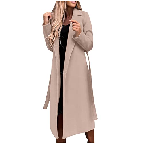 Lange Trenchcoat Damen Elegant Einfarbig Wollmantel Langarm Revers Winterjacke Schlanke Jacke Windbreaker mit Gürtel Herbst Winter Übergangsjacke Schlitz Wintermantel Warme Wolljacke Mantel Windjacke von NZYIHAO