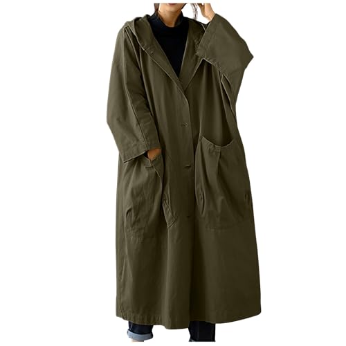 Lange Trenchcoat Damen Oversize Strickjacke Modische Einfarbig Jacke Leichte Übergangsjacke mit Kapuze Herbst Winter Windbreaker Dünne Herbstjacke Einreihige Kapuzenjacke Langarm Windjacke Mantel von NZYIHAO