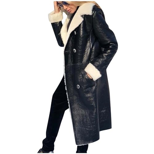 Lange Winterjacke Damen Modische Plüsch Lederjacke Winter Einfarbig PU Jacke Große Größen Übergangsjacke Dicke Warme Kunstlederjacke Langarm Revers Wintermantel Zweireihiger Mantel Locker Trenchcoat von NZYIHAO