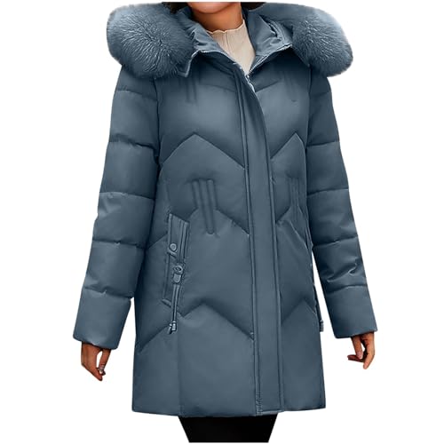Lange Winterparka Damen Elegant Einfarbig Steppmantel Dicke Warme Winterjacke Langarm Jacke mit Kapuze Gefüttert Steppjacke Fleece Wintermantel Pelzkragen Parka 6XL Mantel Kapuzenjacke Outdoorjacke von NZYIHAO