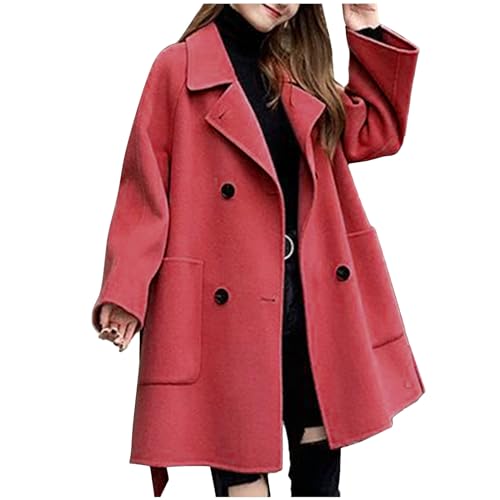 Lange Wolljacke Damen Elegant Einfarbig Winterjacke Zweireihiger Jacke mit Verstellbarer Gürtel Warme Übergangsjacke Winter Wollmantel Locker Wintermantel Langarm Reverskragen Mantel Taschen Outwear von NZYIHAO