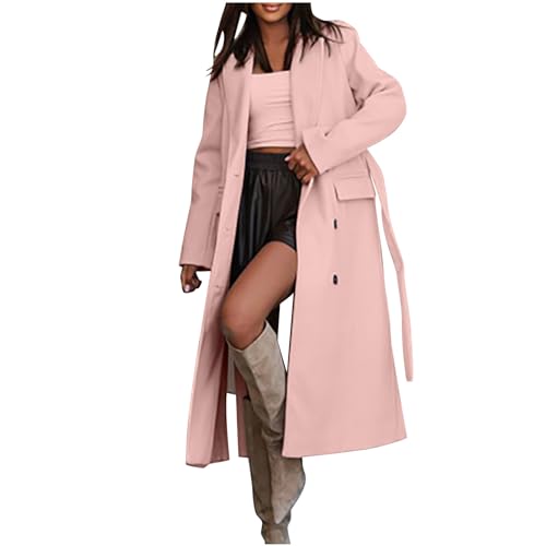 Lange Wollmantel Damen Elegant Einfarbig Trenchcoat Warme Winterjacke Einreihige Strickjacke Jacke mit Gürtel Schlanke Wintermantel Herbst Winter Übergangsjacke Taschen Mantel Wolljacke Windbreaker von NZYIHAO