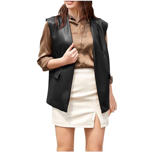 Lederweste Damen PU Ärmellos Weste Mode Einfarbig Lederjacke Leder Strickjacke Herbst Winter Übergangsjacke Große Größen Herbstjacke Locker Kunstlederjacke All Match Longweste Damenweste mit Taschen von NZYIHAO
