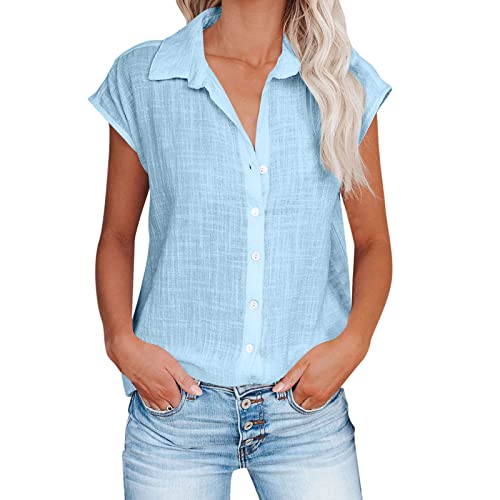 Leinenbluse Damen Bluse Damen Sommer Tunika V-Ausschnitt Große Größen Blusenshirt Damen Musselin Bluse Damen V-Ausschnitt Tshirt mit Knöpfen Vintage Einfarbig Leinenbluse Sommer Oberteile Blusen von NZYIHAO