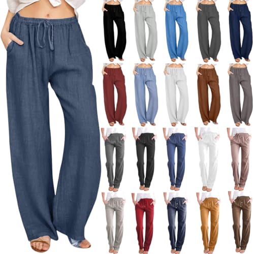 Leinenhose Damen Sommerhose Damen Jogginghose Damen Hosen Damen Cargohose Damen Casual Einfarbig Hose Sommer Freizeithose Baumwolle Leinen Stoffhose Lose Hohe Taille Strandhose Gerades Bein Sporthose von NZYIHAO