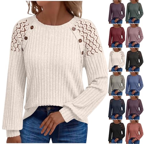Longbluse Damen, Langarmshirt Damen Spitze Patchwork Strickpullover Elegant Pullover mit Knöpfen Langarm Tunika Einfarbig Oberteile Lockere Passform Shirt Weihnachtspullover Leichte Sweatshirt von NZYIHAO