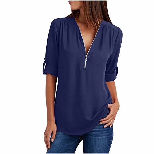 Longbluse Damen Lässig für Leggings Chiffon Bluse Damen Elegant Einfarbig Langarmshirt V-Ausschnitt Tshirt mit 1/4 Zipper Sommer Oberteile Locker Shirt Leichte Pullover Große Größen Tunika Blusen von NZYIHAO