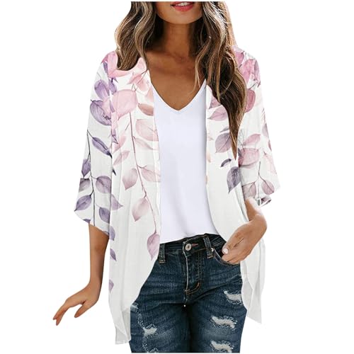 Longshirt Blouson Angebote des tages heute blitzangebote Chiffon Strickjacke Damen Vintage Cardigan Sommer Bolero Blatt Druck Jacke Dünne Sommerjacke 3/4 Arm Bluse Lang Blouson Locker Top Blusen von NZYIHAO
