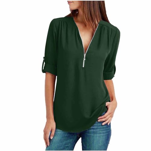 Meine Bestellungen Anzeigen Chiffon Bluse Damen Elegant Langarmshirt V-Ausschnitt Tunika Half Zip Longbluse Große Größen Tshirt Langarm Tops Leichte Oberteile Locker T Shirt Einfarbig Blusen von NZYIHAO