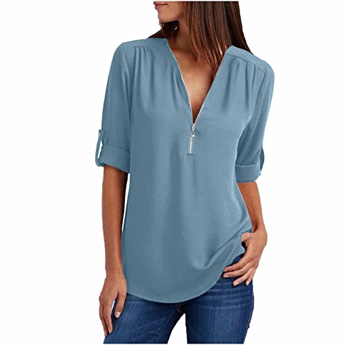 Meine Bestellungen Anzeigen Chiffon Bluse Damen Elegant Langarmshirt V-Ausschnitt Tunika Half Zip Longbluse Große Größen Tshirt Langarm Tops Leichte Oberteile Locker T Shirt Einfarbig Blusen von NZYIHAO