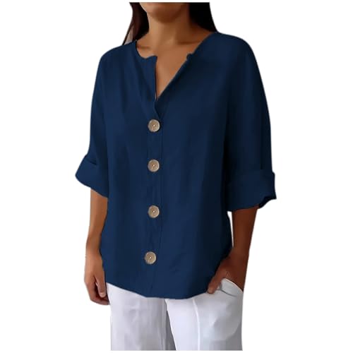 Meine Bestellungen Anzeigen Musselin Bluse Damen 3/4 Arm Shirt mit Knöpfen V-Ausschnitt Leinenbluse Elegant Tshirt Sommer Top Baumwolle Leinen Oberteile Große Größen Hemdbluse Leichte Blusen von NZYIHAO