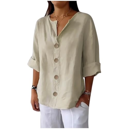 Meine Bestellungen Anzeigen Musselin Bluse Damen 3/4 Arm Shirt mit Knöpfen V-Ausschnitt Leinenbluse Elegant Tshirt Sommer Top Baumwolle Leinen Oberteile Große Größen Hemdbluse Leichte Blusen von NZYIHAO