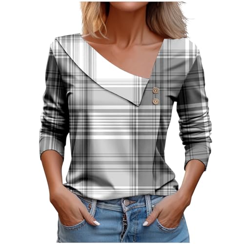 Meine Bestellungen Anzeigen Pullover Damen V-Ausschnitt Langarmshirt Elegant Pulli mit Knöpfen Bunt/Kariertes/Farbverlauf Druck Oberteile Leichte Sweatshirt Langarm Rundhals Bluse Große Streetwear von NZYIHAO