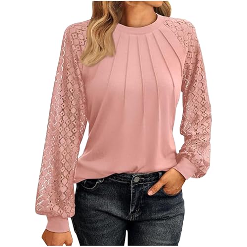 Meine Bestellungen Anzeigen Spitzen Langarmshirt Damen Elegant Bluse Spitze Nähen Oberteile Einfarbig Tshirt Langarm Spitzenbluse Rundhals Tops Leichte Shirt Locker Tunika Laternenärmel Blusen von NZYIHAO