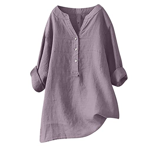 Musselin Bluse Damen,Top 3/4-Ärmeln Leinenbluse Damen Sommer Große Größen Hemdbluse Blusenkleid Musselin Bluse Damen Elegant Einfarbig Tshirt V-Ausschnitt Leinenbluse mit Knöpfen Sommer Blusen von NZYIHAO