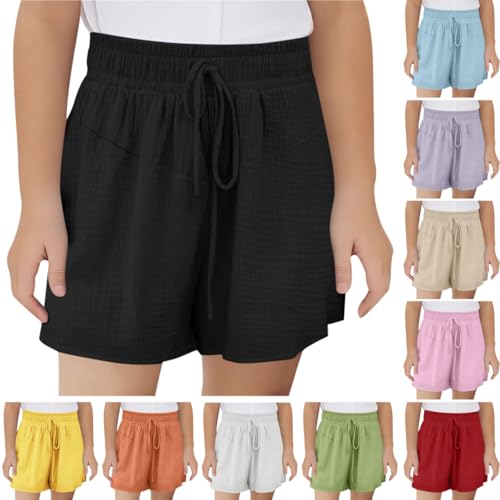 Musselin Shorts Mädchen Sommer Kurze Hose Casual Einfarbig Sporthose Leinen Sommerhose Kinder Hosen Leichte Jogginghose Sport Leinenhose mit Tunnelzug High Waist Freizeithose 3-14 Jahre, 140, Schwarz von NZYIHAO
