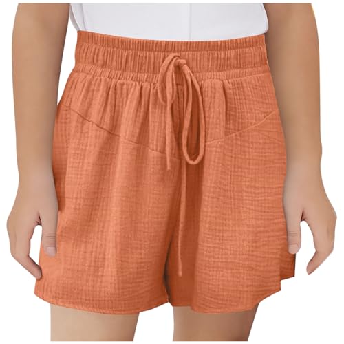 Musselin Shorts Mädchen Sommer Kurze Hose Casual Einfarbig Sporthose Leinen Sommerhose Kinder Hosen Leichte Jogginghose Sport Leinenhose mit Tunnelzug High Waist Freizeithose 3-14 Jahre, 150, Orange von NZYIHAO
